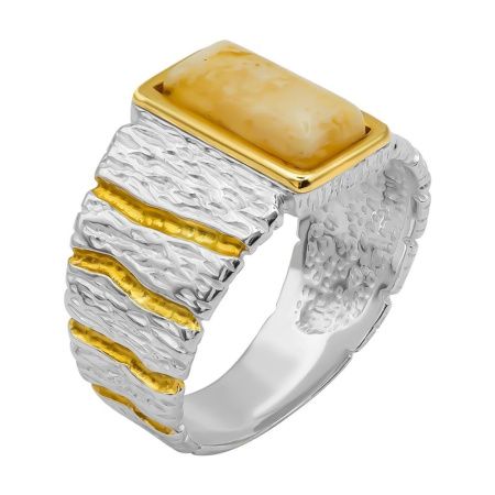 Кольцо из серебра с белым янтарем и позолотой