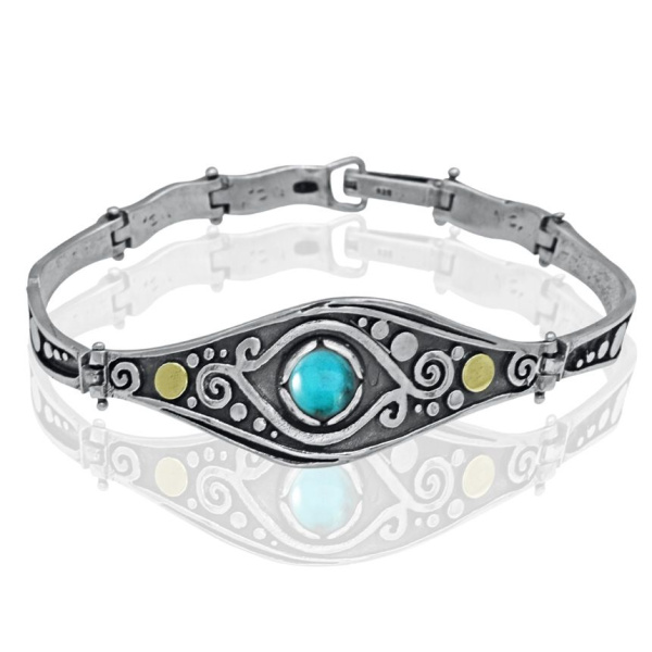 Браслет в этническом стиле из чернёного серебра с натуральной бирюзой и золотом