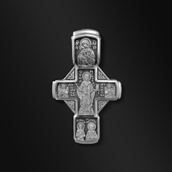 Серебряный православный крест. Распятие Христово с предстоящими.
