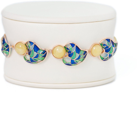 Браслет из позолоченного серебра с натуральным белым янтарем и эмалью