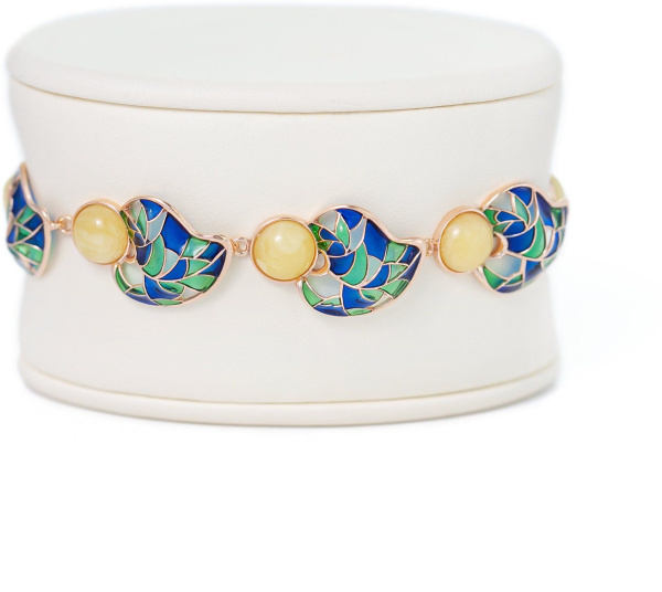 Браслет из позолоченного серебра с натуральным белым янтарем и эмалью