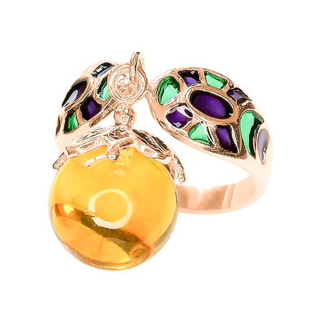 Кольцо из позолоченного серебра с натуральным желтым янтарем и эмалью