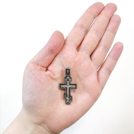 Православный крест из серебра с чернением. Распятие Христово. Архангел Михаил.