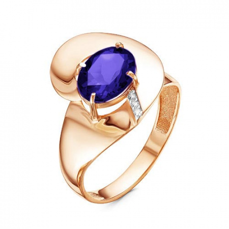 Кольцо из красного золота с сапфиром (корундом) и фианитами