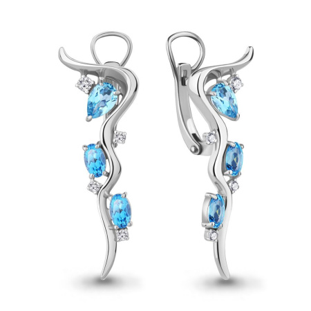 Серьги из серебра с топазами свисс блю и фианитами