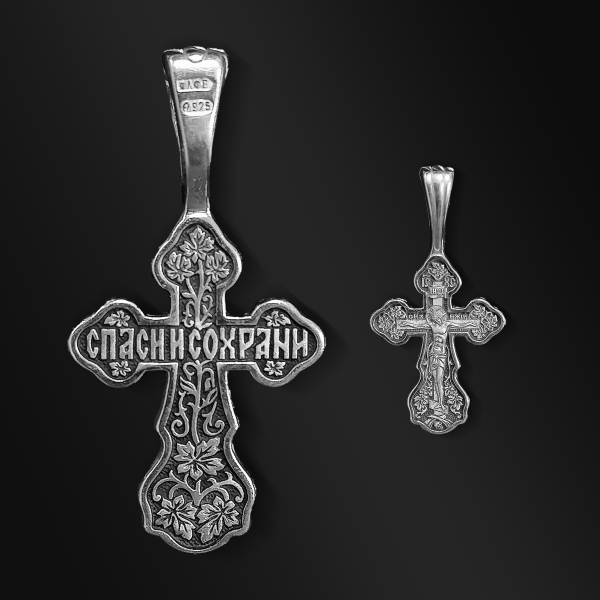Нательный крестик из серебра с родием и чернением