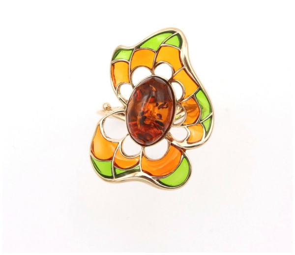 Кольцо из позолоченного серебра с натуральным красным янтарем и эмалью